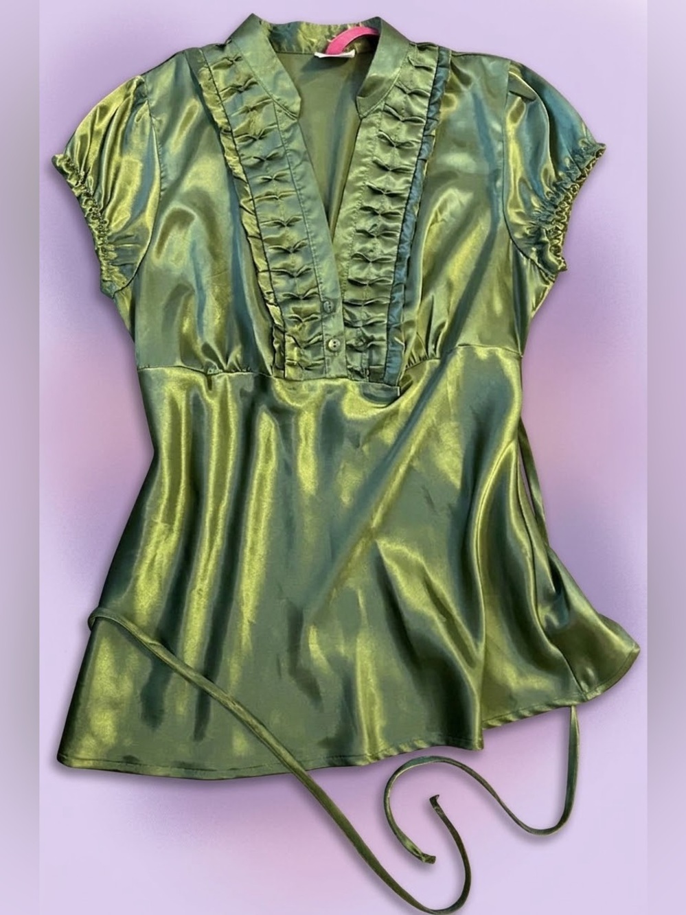 Vintage Heart Soul Olive Green Satin whimsigoth Top Y2K Empire Waist Blouse